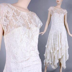 S M Vintage 1970s DEADSTOCK Off White Lace Frilly Full Wedding Dress 70s 80s
